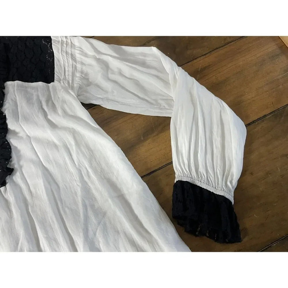 Tasha Polizzi Lace Trimmed V-Neck Loose Fit Sheer White Black Blouse - Picture 3 of 16